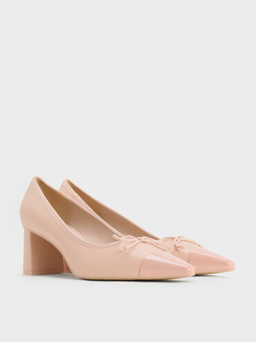 Bow Pointed Cap-Toe Pumps, Pink, hi-res