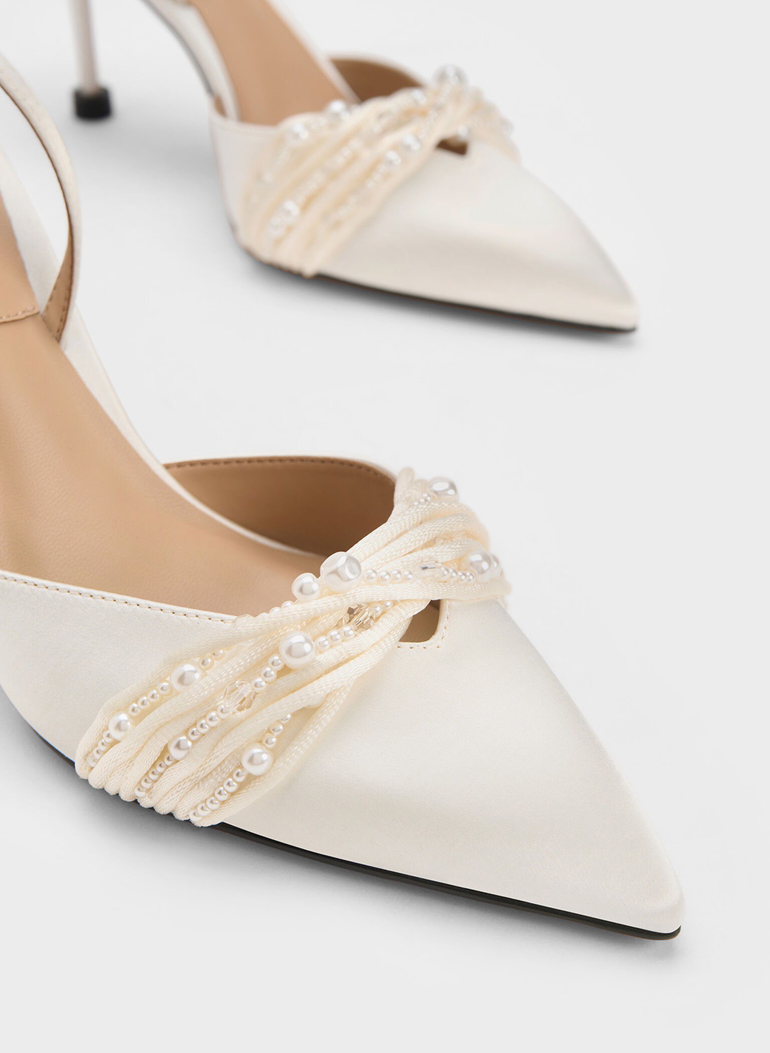 Leda Beaded Satin Ankle-Strap Pumps, White, hi-res