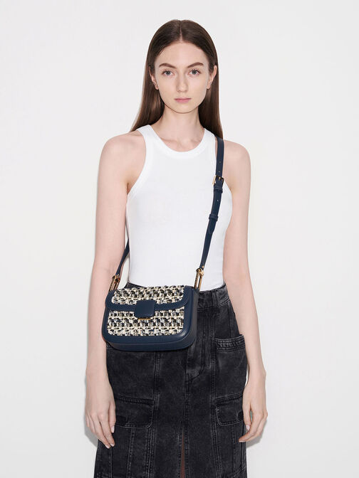 Koa Square Push-Lock Knitted Shoulder Bag, Navy, hi-res