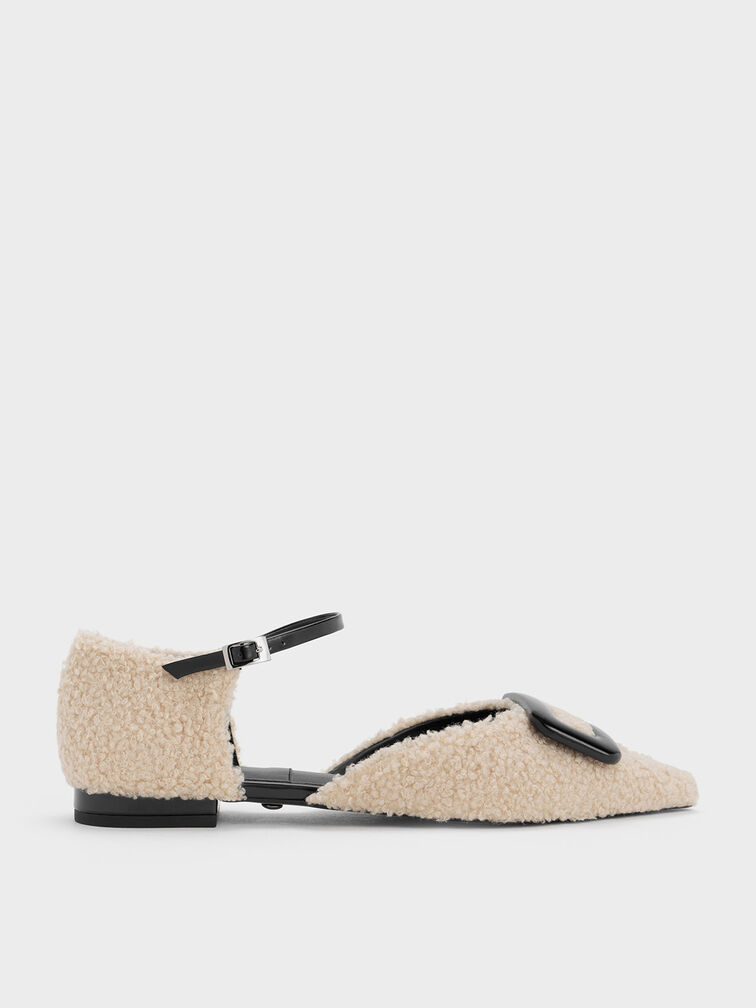 Rosalie Leather Furry D'Orsay Flats, Beige, hi-res