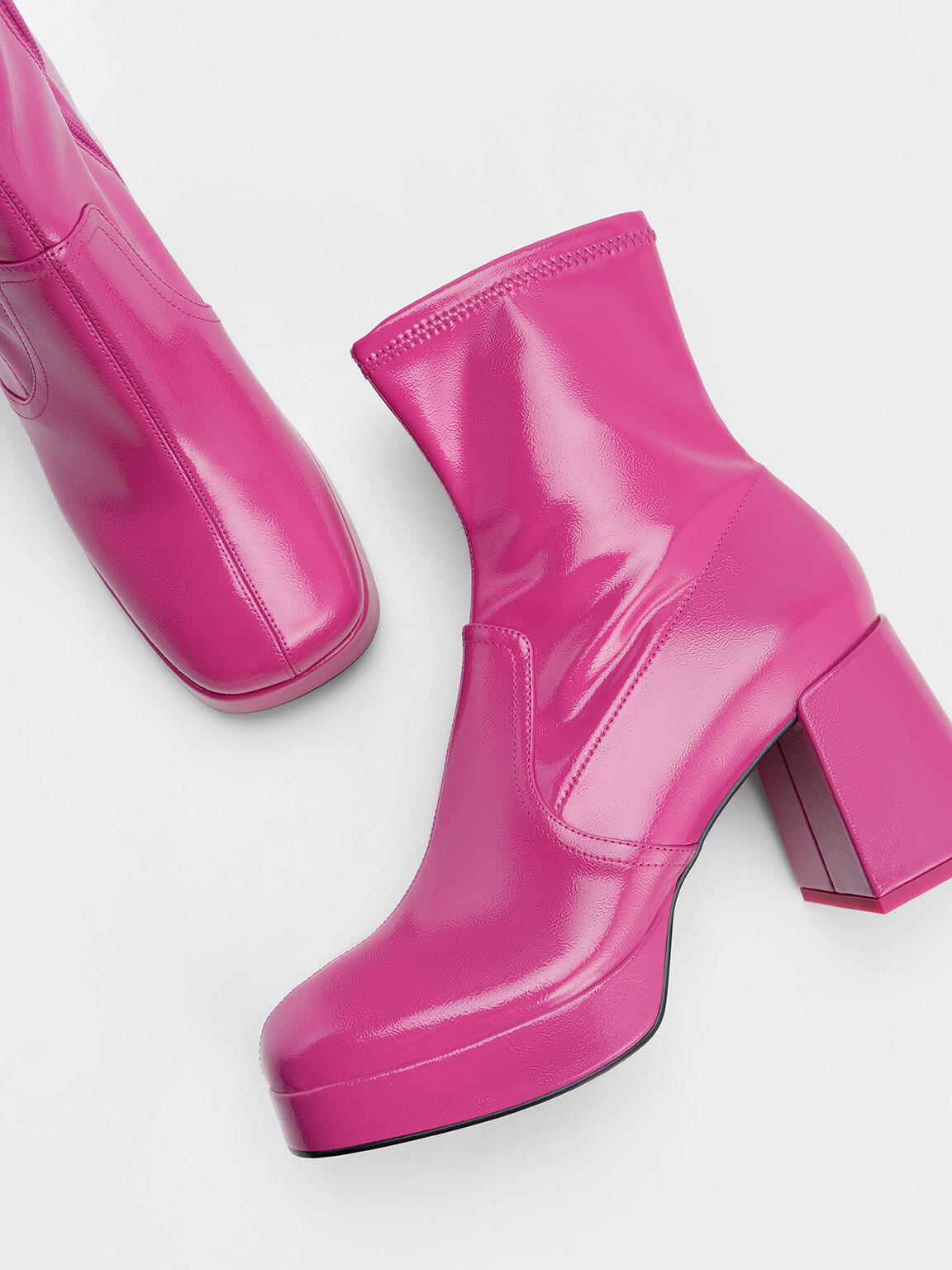 Fuchsia Patent Crinkle-Effect Block-Heel Boots - CHARLES & KEITH NZ