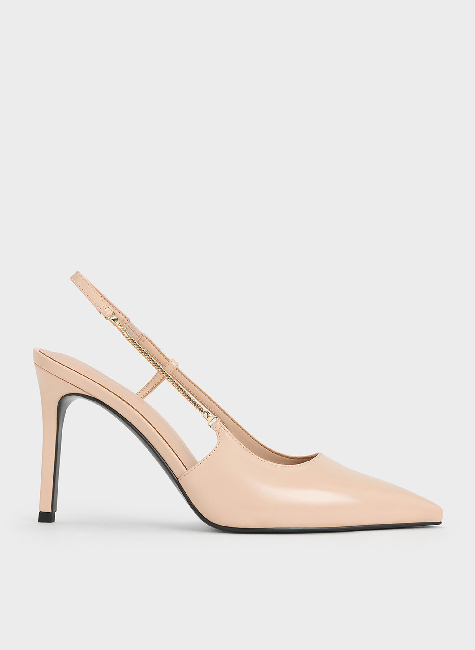 Chain-Strap Pointed-Toe Slingback Pumps, Nude, hi-res