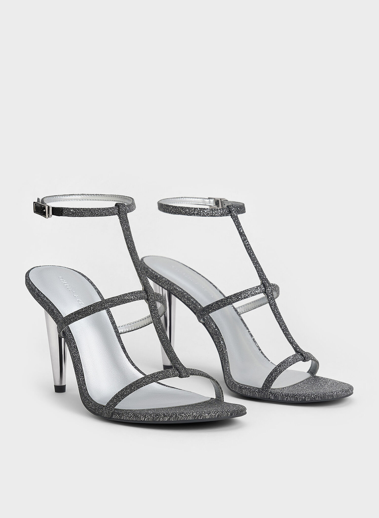 Glittered T-Bar Ankle-Strap Sandals, Black Textured, hi-res