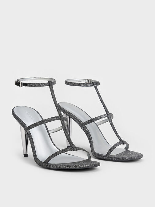 Glittered T-Bar Ankle-Strap Sandals, Black Textured, hi-res