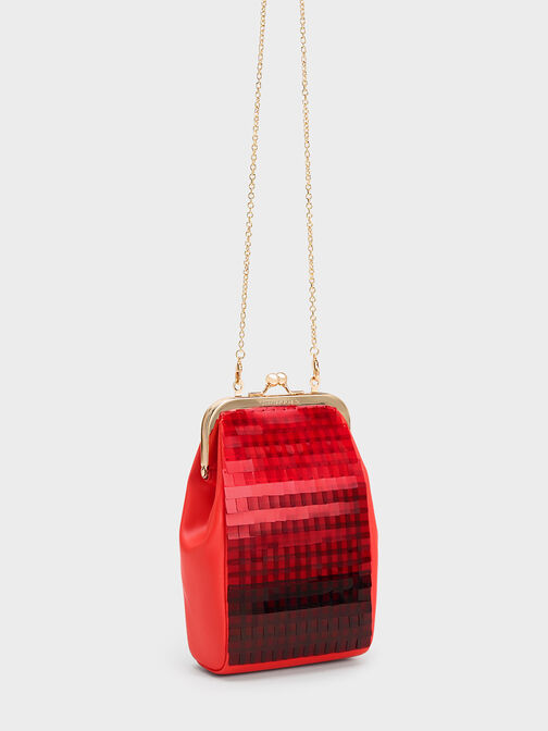 Disc-Embellished Chain Handle Pouch, Red, hi-res