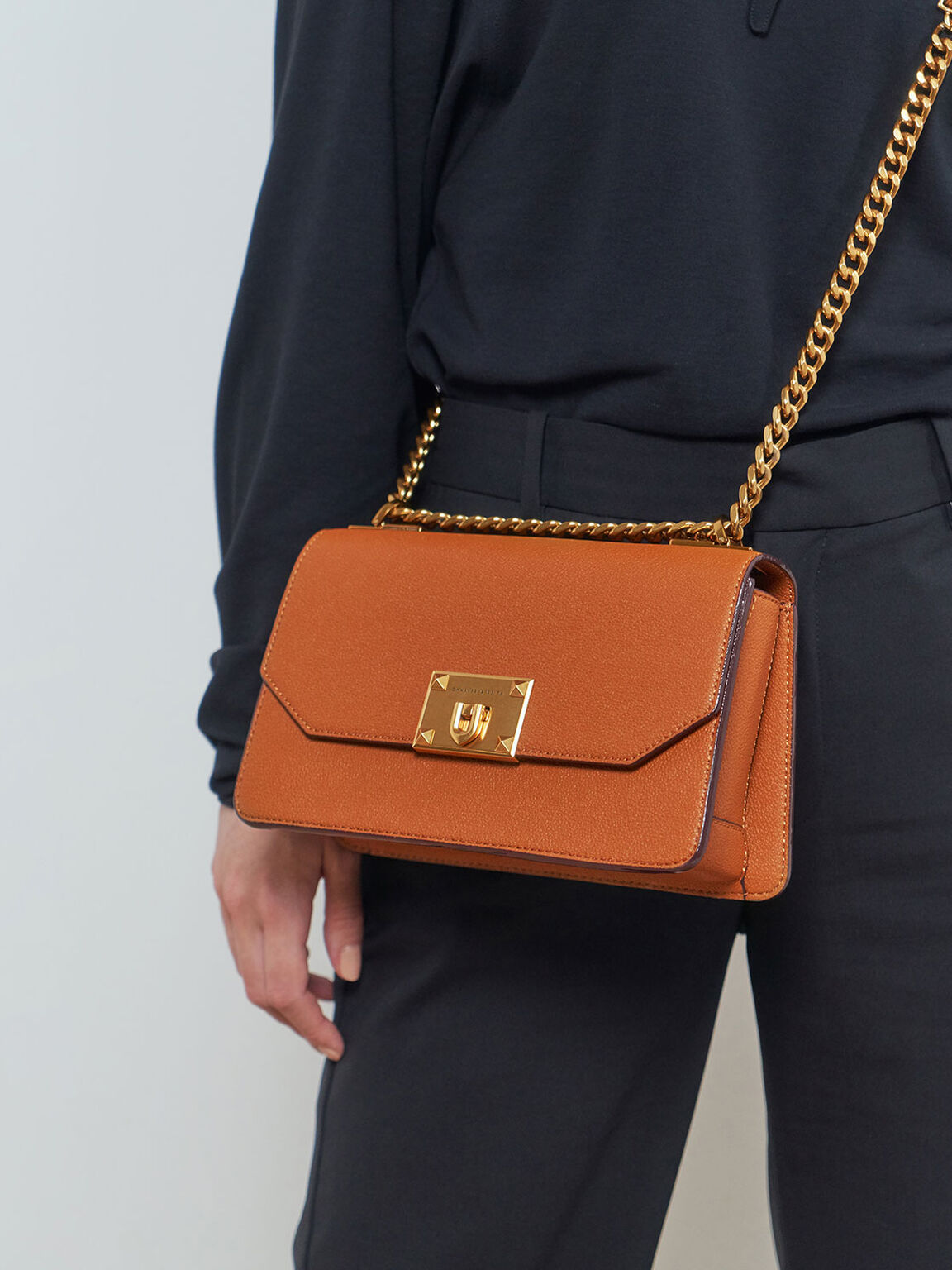 Metallic Push-Lock Crossbody Bag, Orange, hi-res