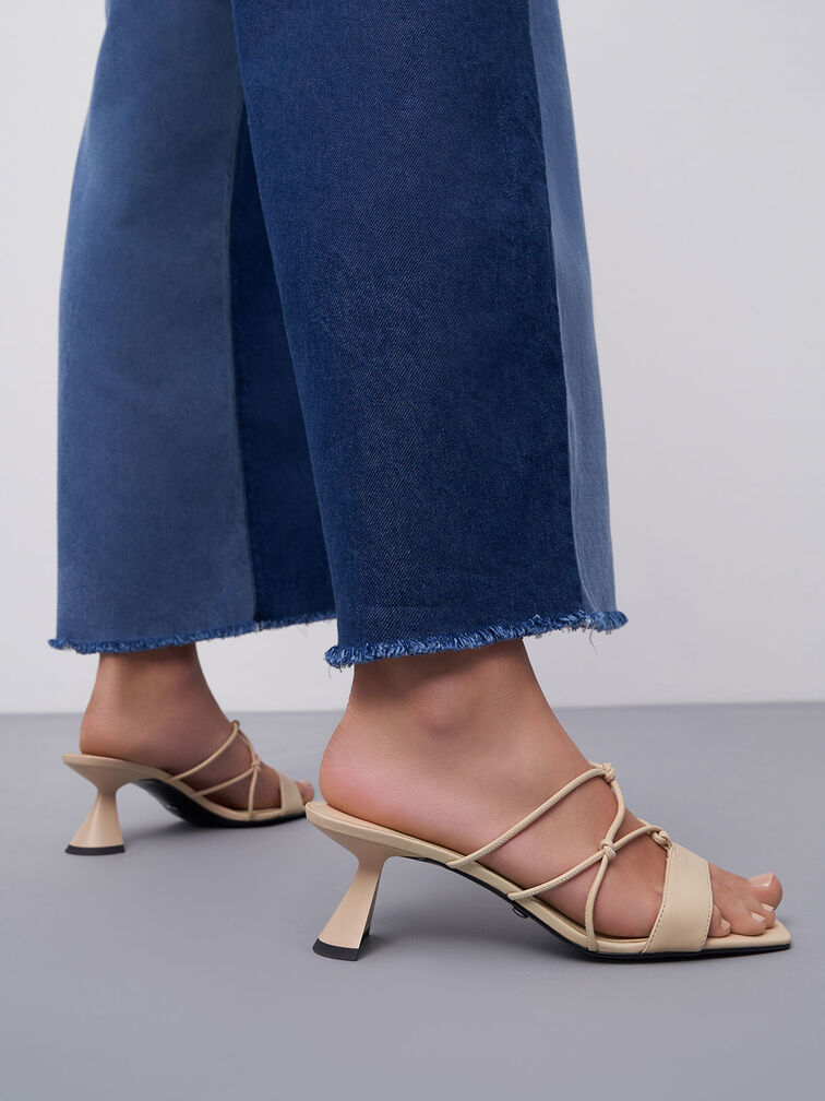 Strappy Leather Sculptural Heel Sandals, Beige, hi-res