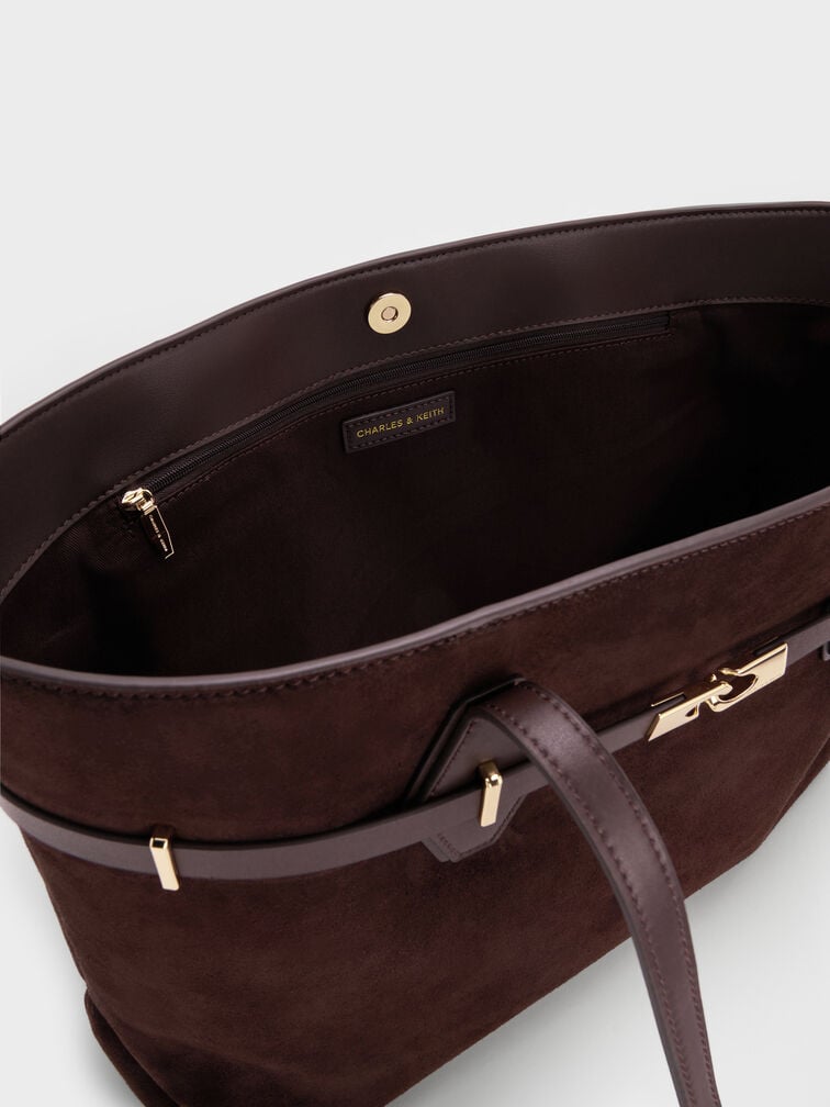 Arlet Recycled Suede Double-Handle Belted Tote Bag, Espresso Brown, hi-res