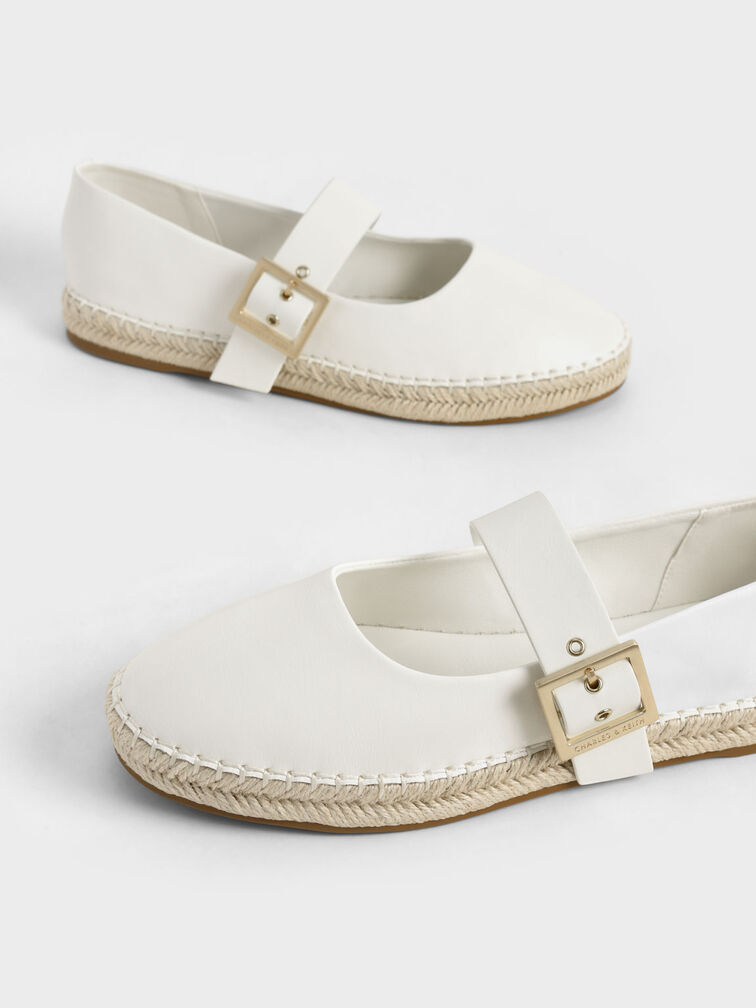 Buckled Espadrille Flats, White, hi-res