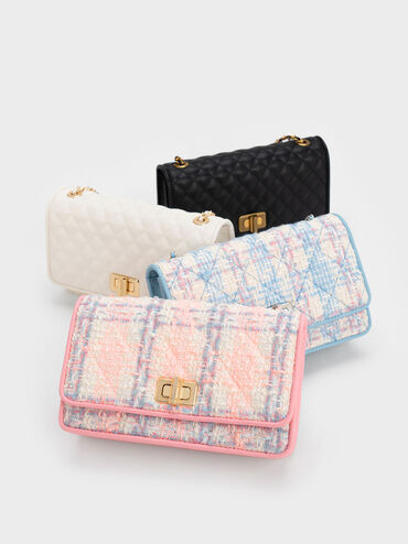 Metallic Turn-Lock Quilted Clutch, Black, hi-res