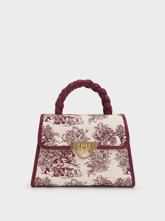 Lunar New Year Collection: Tiger Calligraphy Braided Handle Trapeze Bag, Burgundy, hi-res