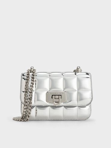 Metallic Square-Quilted Chain-Handle Bag, Silver, hi-res