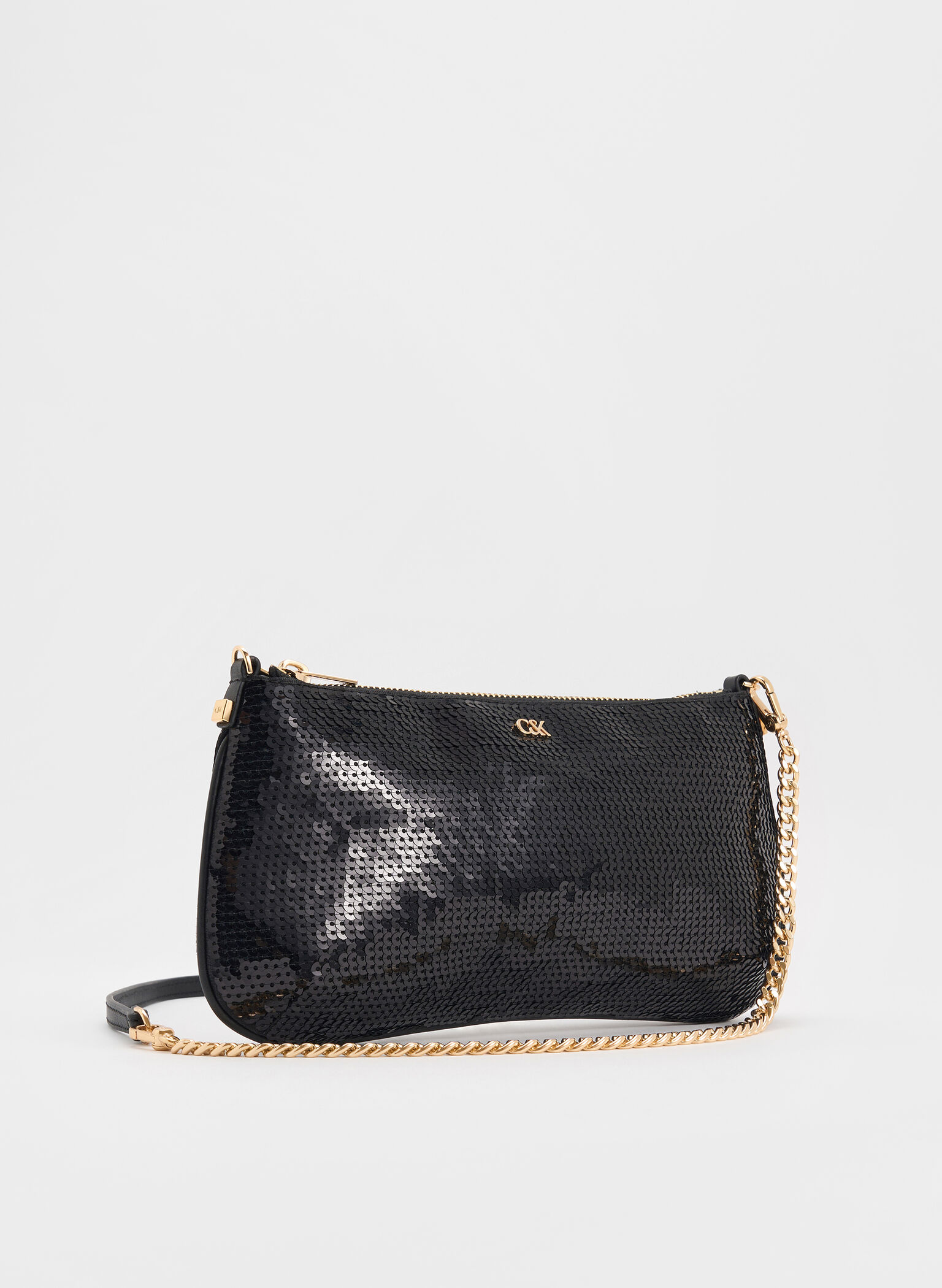 Sequin Mesh & Leather Shoulder Bag, Negro, hi-res