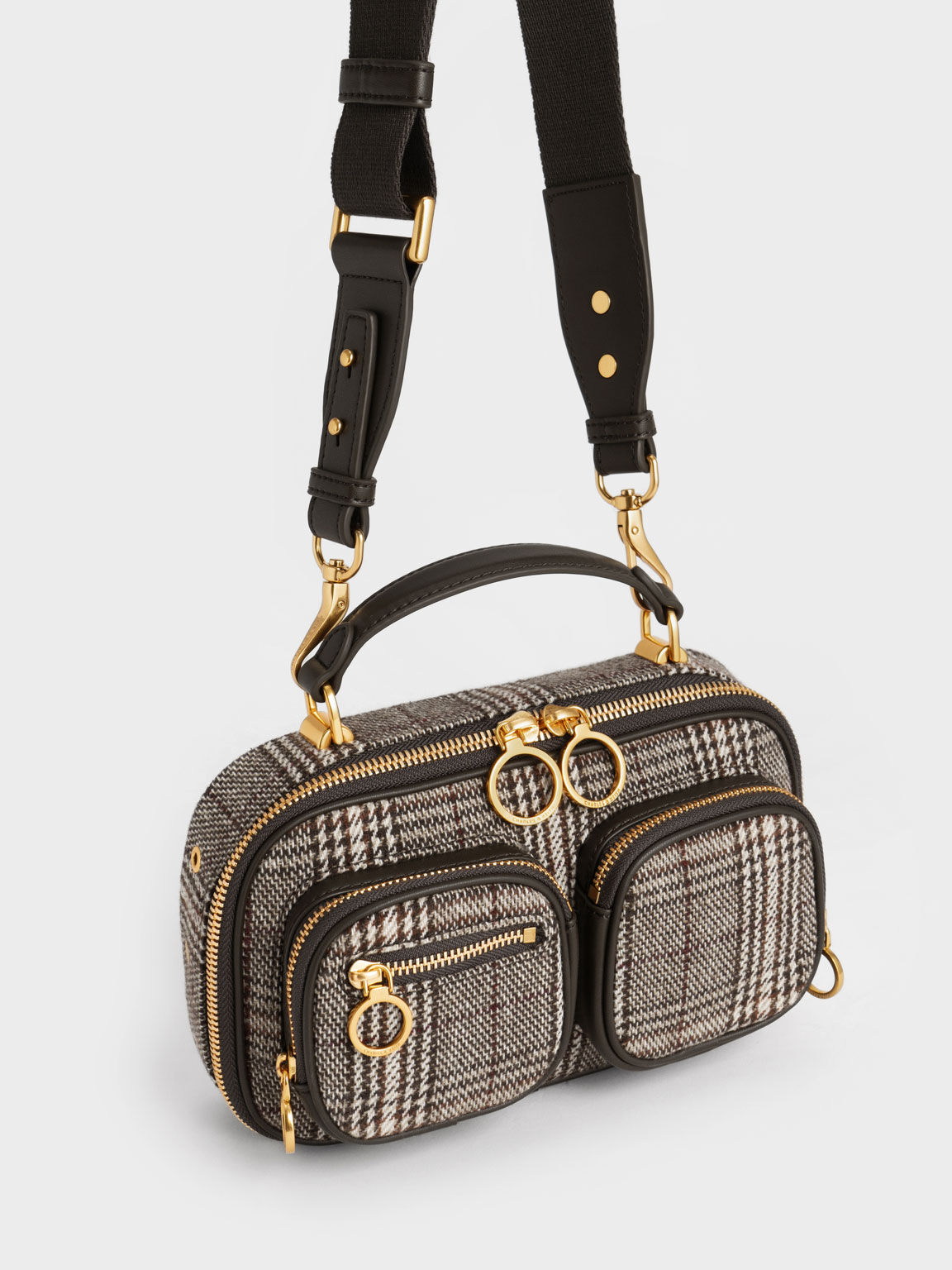 Checkered Multi-Pouch Crossbody Bag, Dark Brown, hi-res