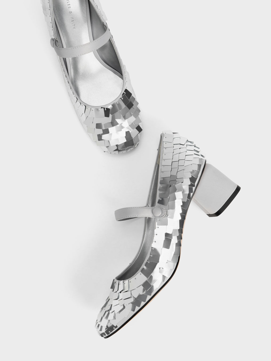 Sequinned Satin Mary Jane Pumps, Silver, hi-res