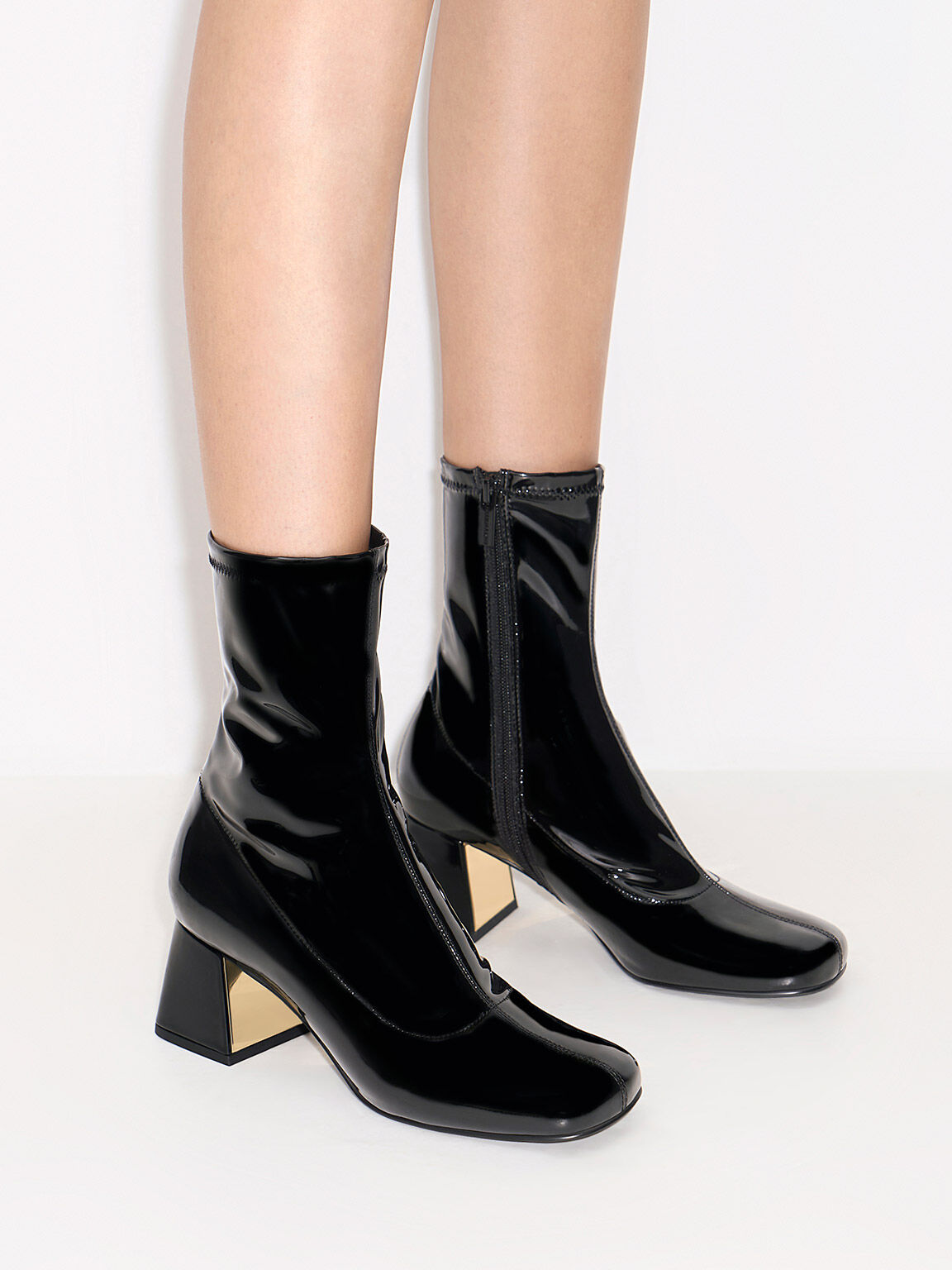 Jully Patent Metallic Trapeze Heel Ankle Boots Black Patent