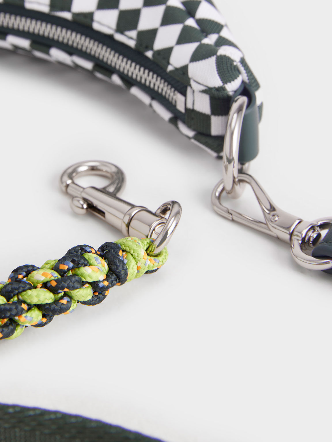 Knit & Nylon Checkered Croissant Bag, Dark Green, hi-res