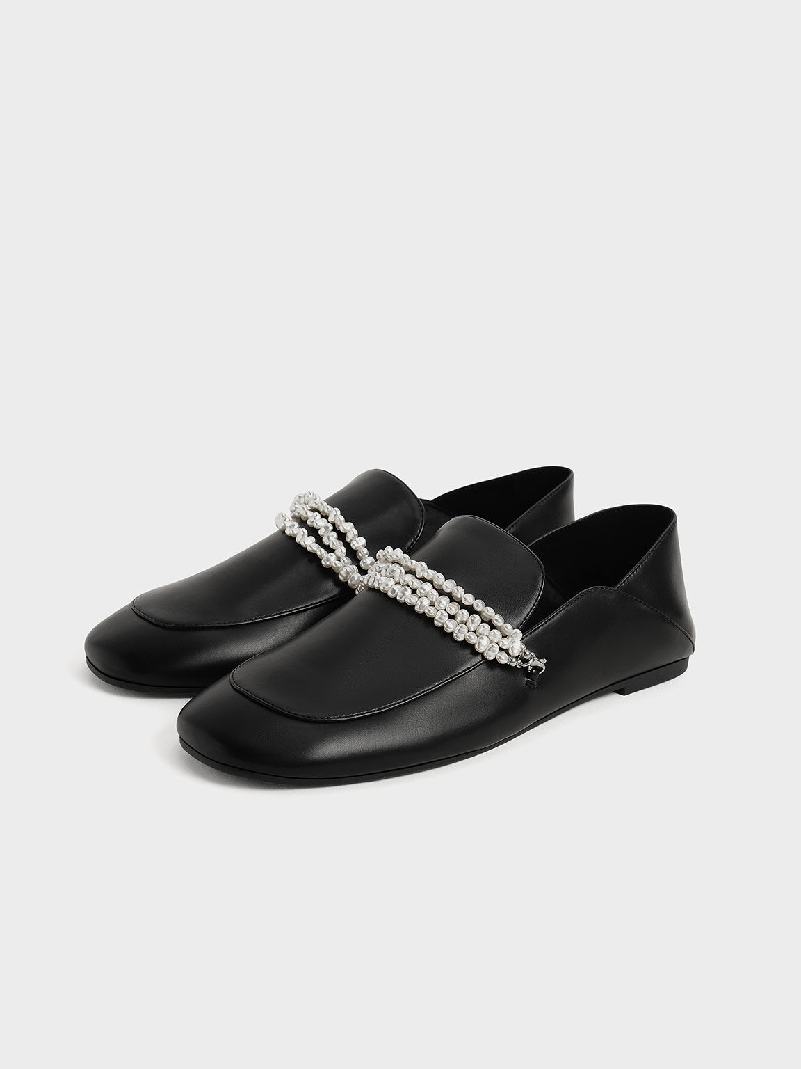 Beaded Step-Back Loafers, Black, hi-res