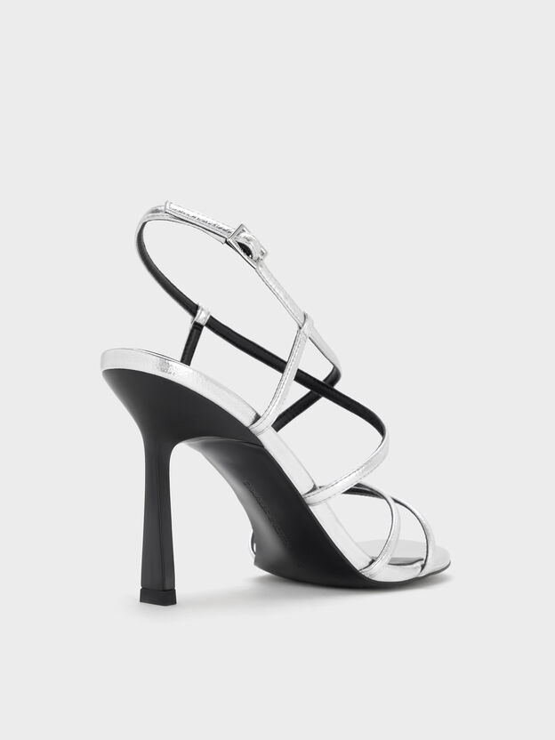 Metallic Strappy Crossover Heeled Sandals, Silver, hi-res