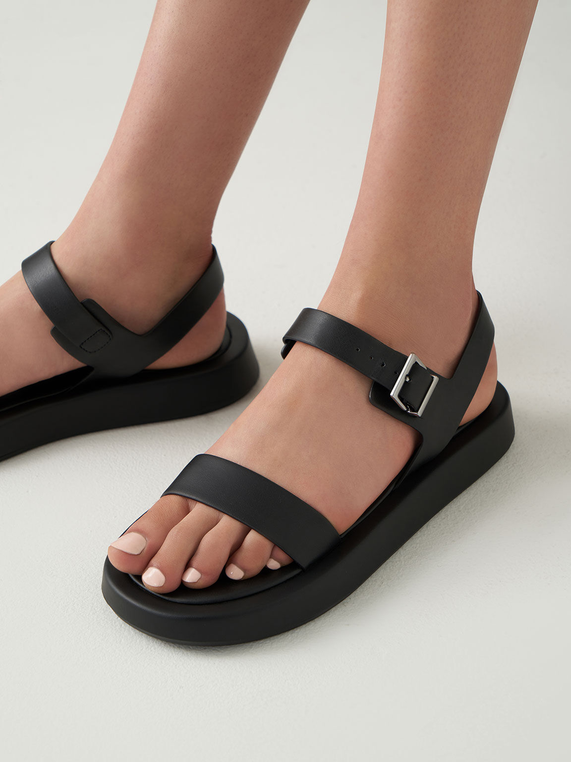 Buckled Ankle Strap Flatform Sandals, Black, hi-res