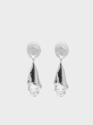 Seashell Drop Clip-On Earrings, Silver, hi-res