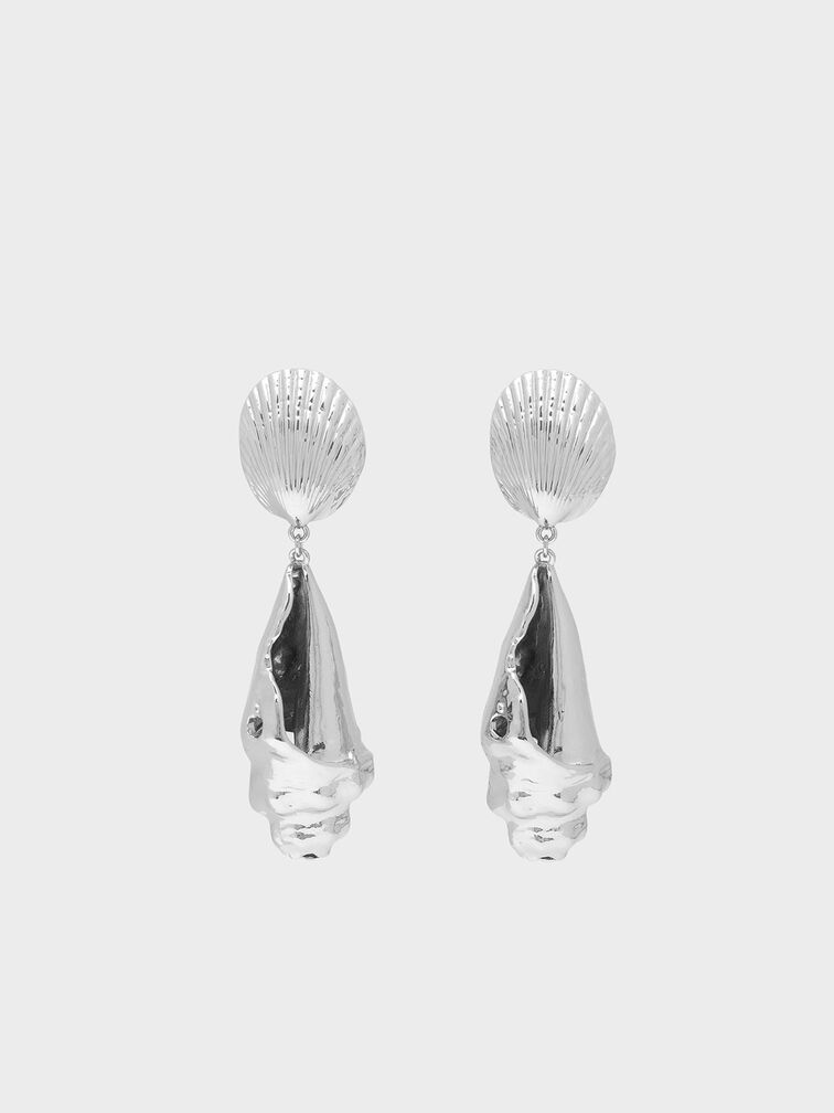 Seashell Drop Clip-On Earrings, Silver, hi-res