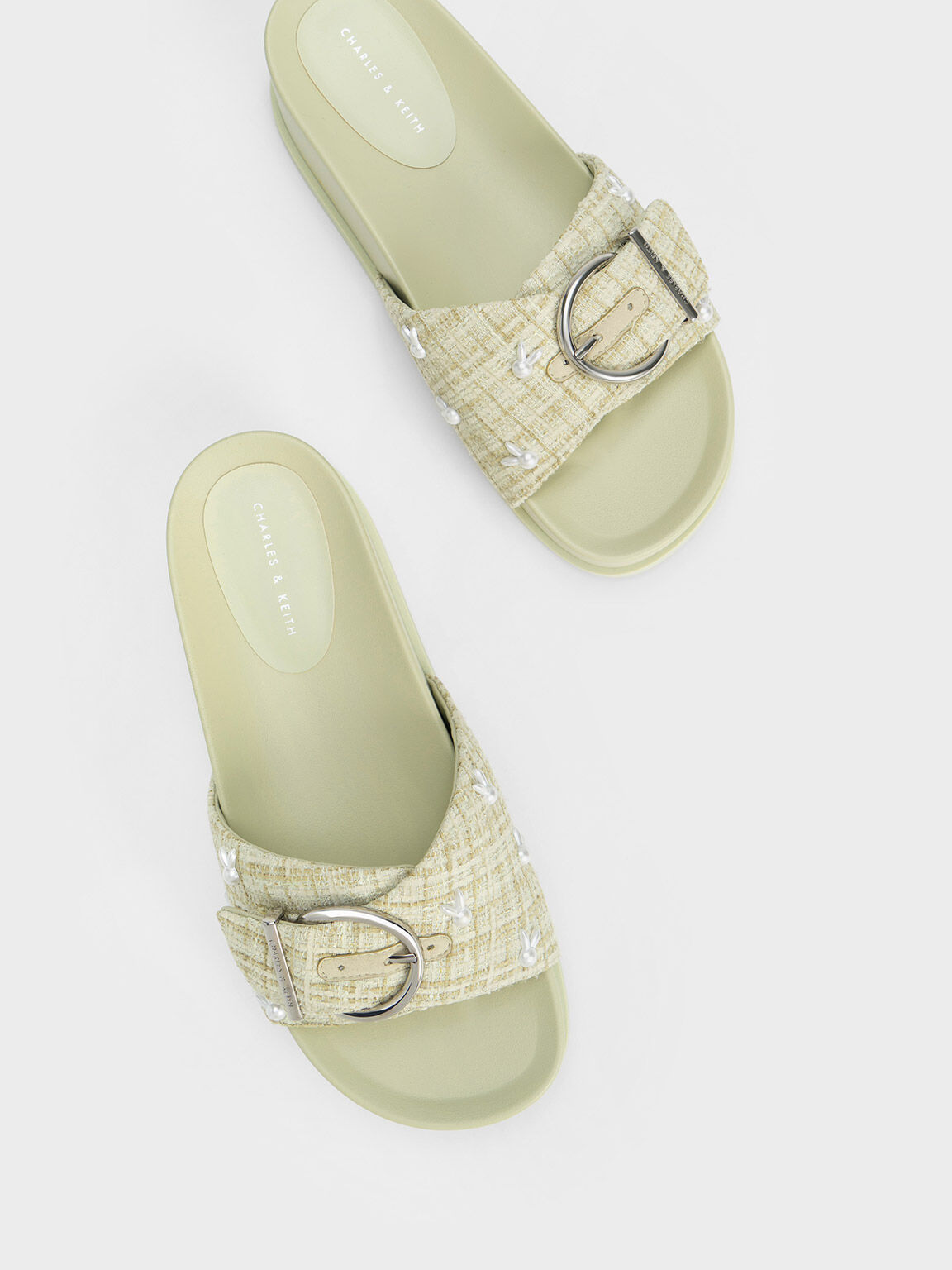 Bunny Tweed Buckled Slides, Green, hi-res