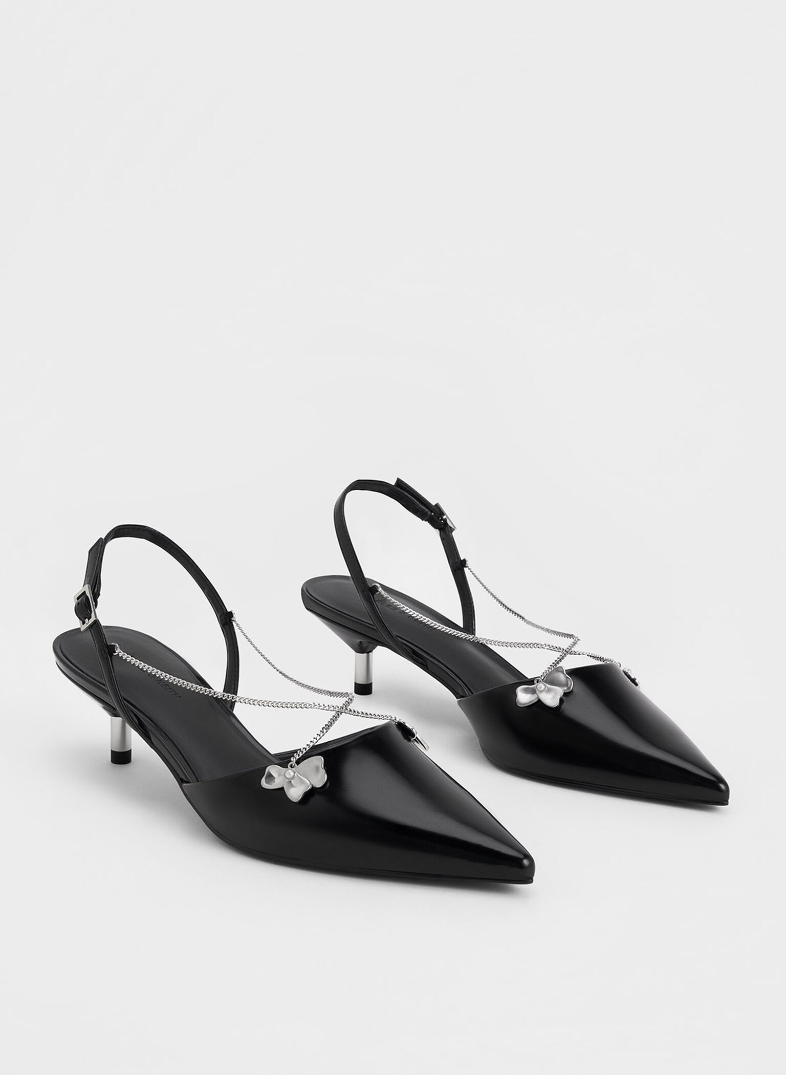 Flower-Accent Chain-Link Kitten-Heel Pumps, Black Box, hi-res