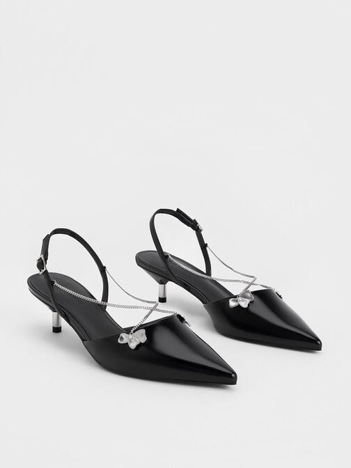 Zapatos de tacón bajo con cadena y detalle floral, Negro pulido, hi-res