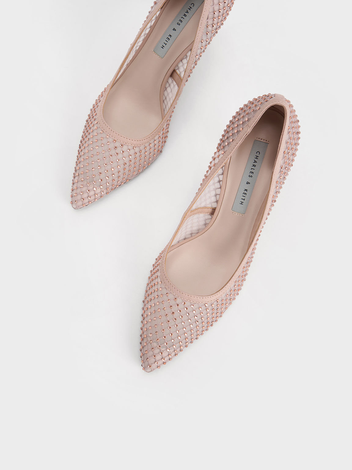 Gem-Encrusted Mesh Heeled Pumps, Nude, hi-res