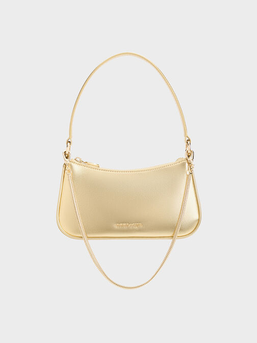 Metallic Curved Shoulder Bag, Gold, hi-res