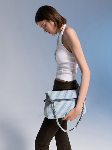 Fawn Denim Panelled Chain-Handle Shoulder Bag, Light Washed Denim, hi-res