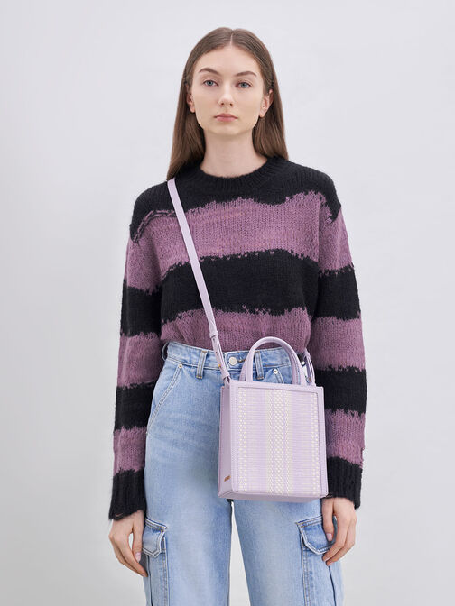 撞色編織手提包, 紫丁香色, hi-res