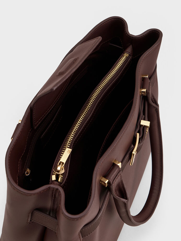 Voyager Leather Belted Trapeze Tote Bag, Dark Brown, hi-res