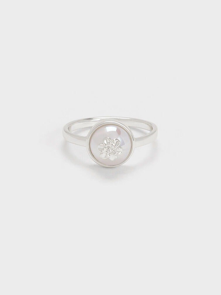 Anillo de perlas adornado con flores, Plateado, hi-res