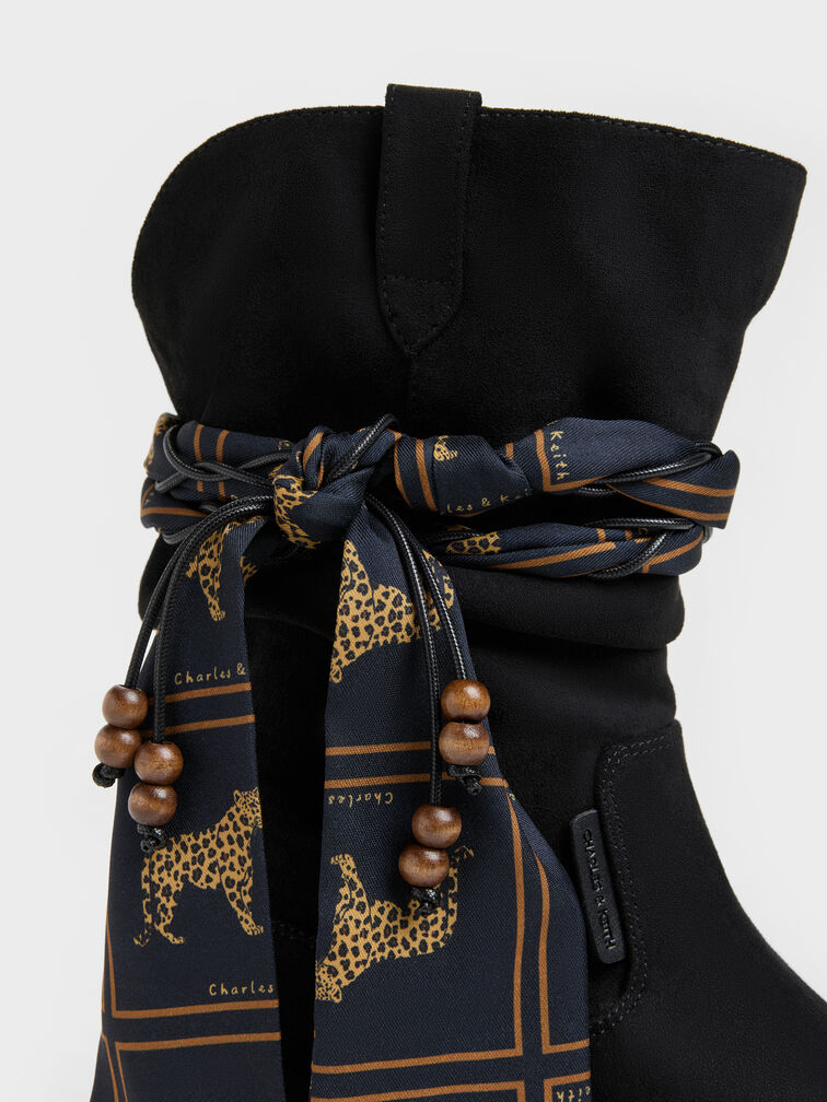 Faux Suede Printed-Scarf Calf Boots, Black Textured, hi-res