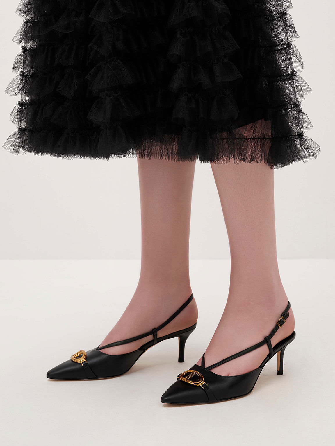 Metallic Accent Slingback Pumps, Black, hi-res
