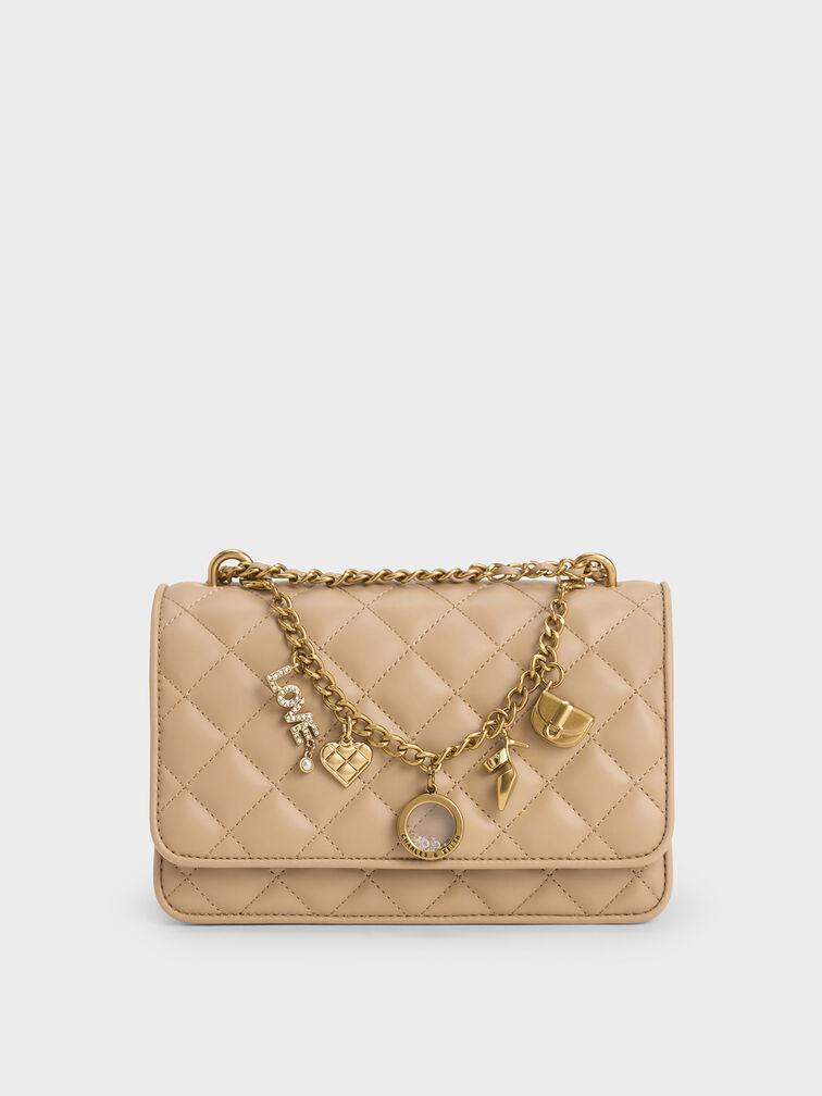 Charm-Embellished Quilted Clutch, Nude, hi-res