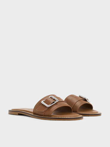 Buckled Slide Sandals, Caramel, hi-res