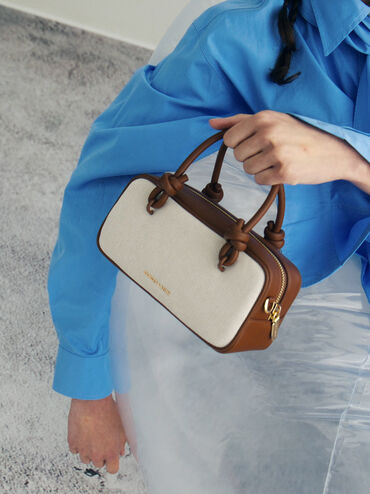 Bolso alargado Sammie de lona con asas anudadas, Lona gris pardo, hi-res