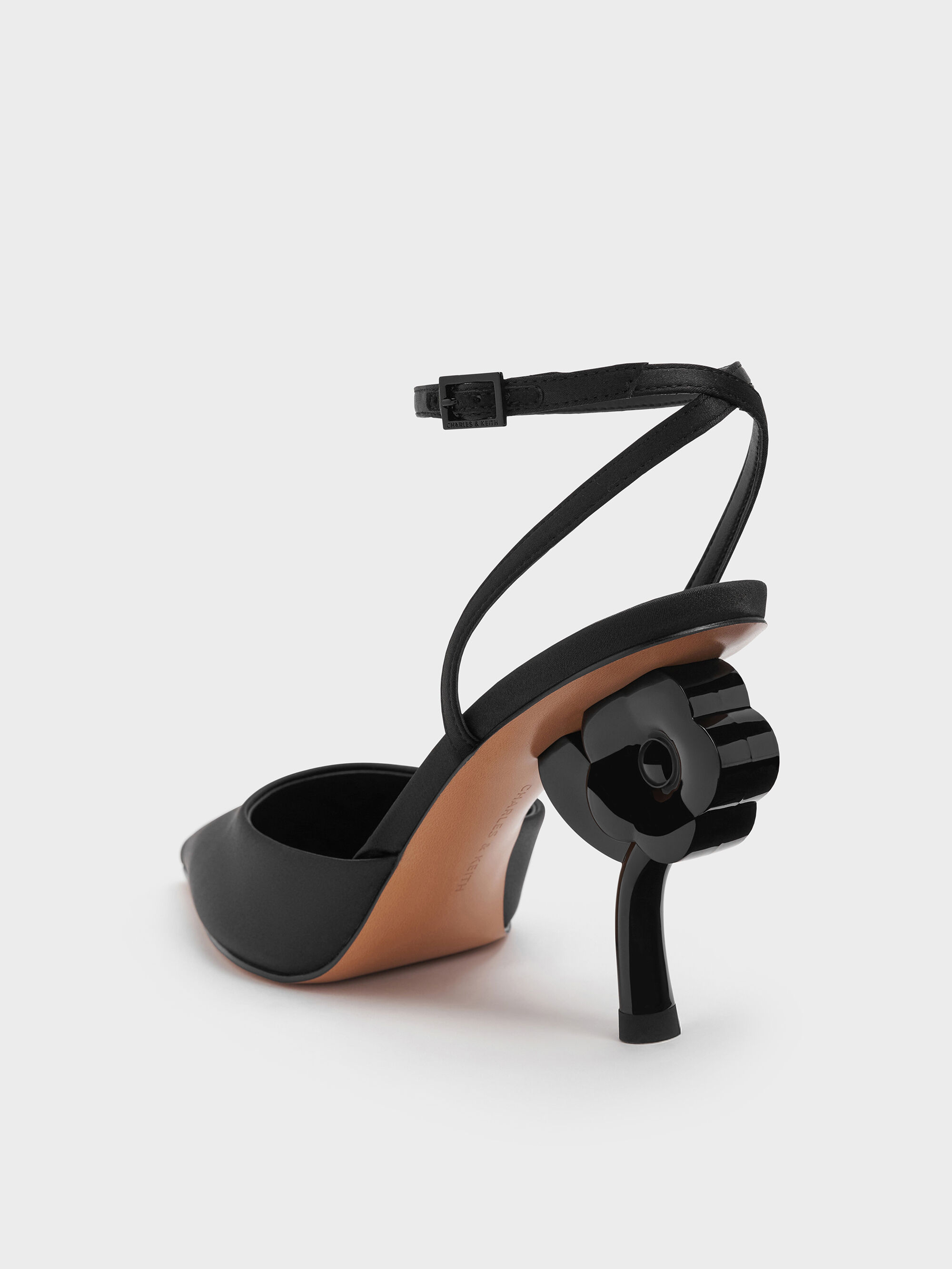 Black Textured Pointed Flower-Heel Ankle-Strap Pumps - Black