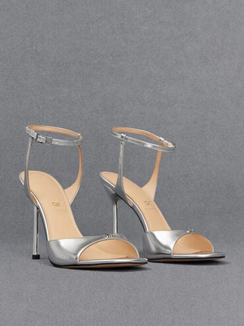 Metallic Leather Ankle-Strap Pumps, Silver, hi-res