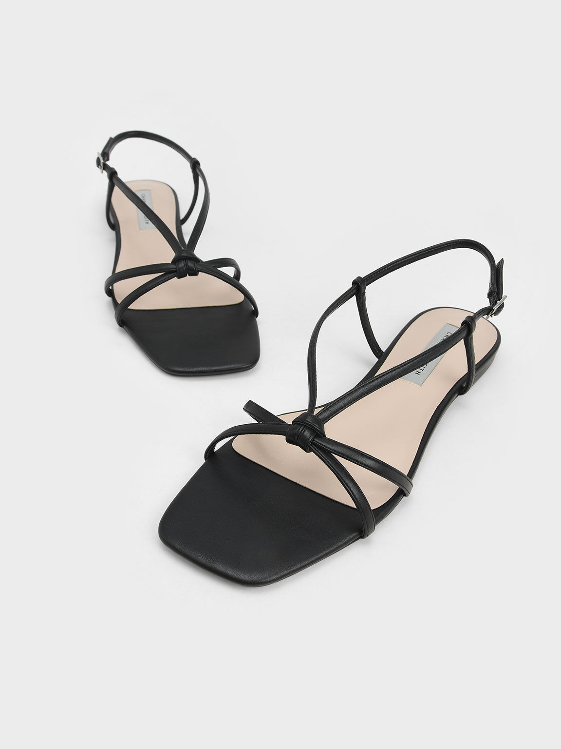Strappy Knotted Slingback Flat Sandals, Black, hi-res