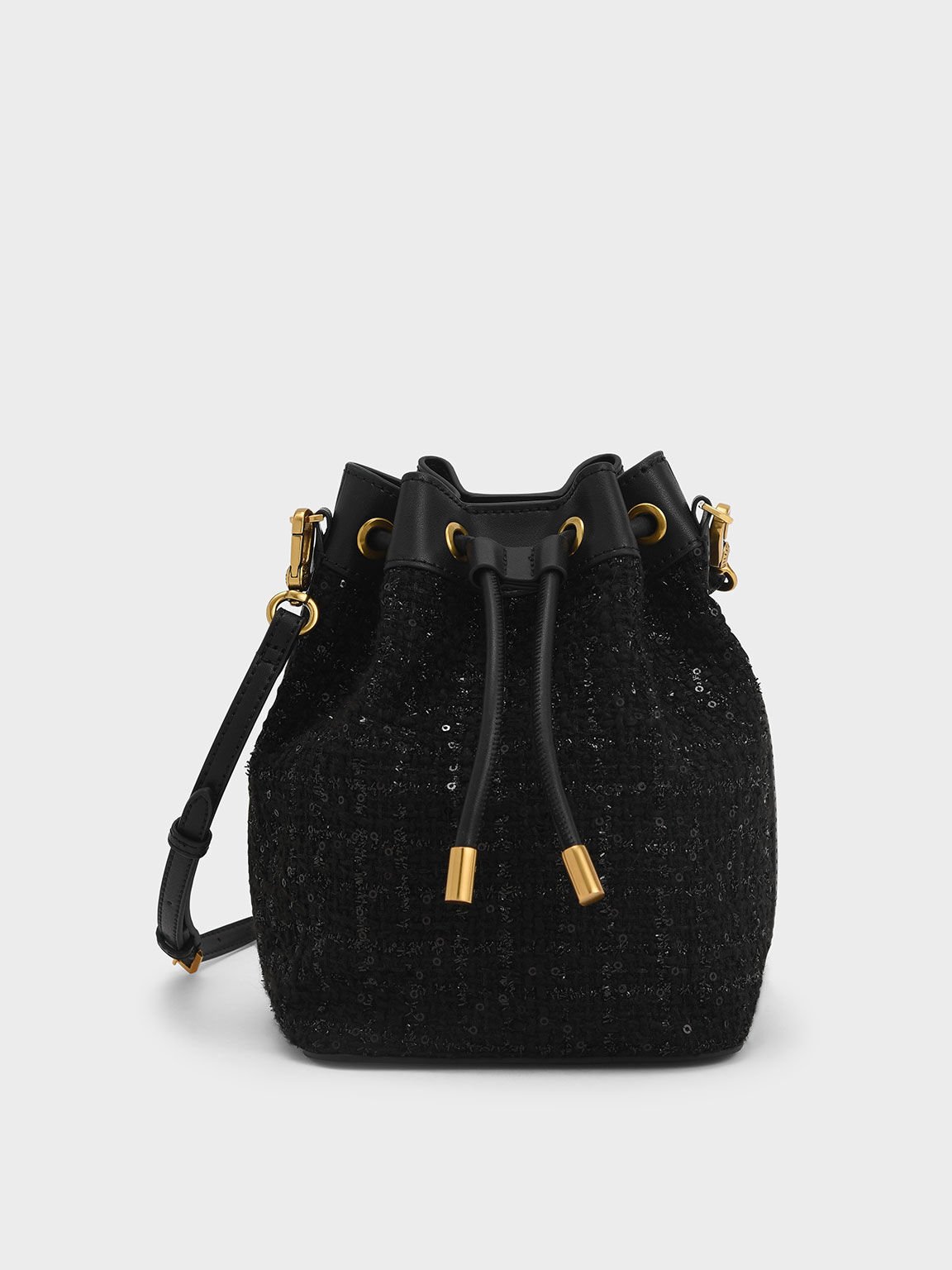 Woven Handle Tweed Bucket Bag, Black, hi-res
