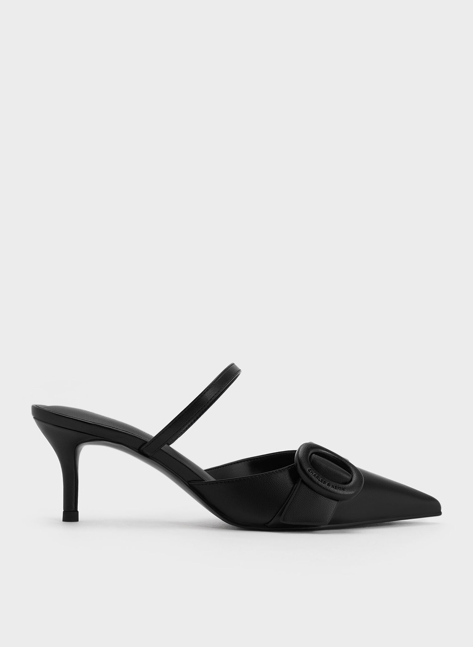 Oval-Buckle Pointed-Toe Mules, Black, hi-res