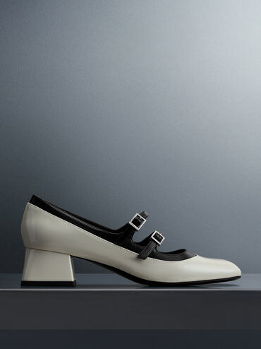 Patent Double Buckle Two-Tone Mary Janes, Chalk, hi-res