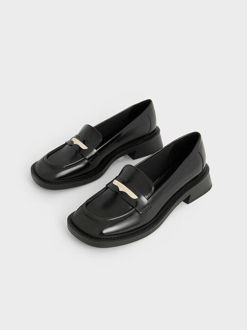 Mocasines penny con lengüeta metálica, Negro pulido, hi-res