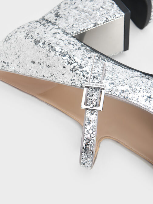 Patent Glittered Trapeze-Heel Mary Janes, Silver, hi-res