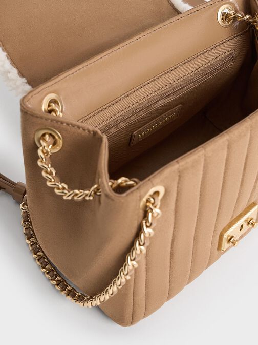 Donna Faux Suede Fur-Trim Shoulder Bag, Tan, hi-res