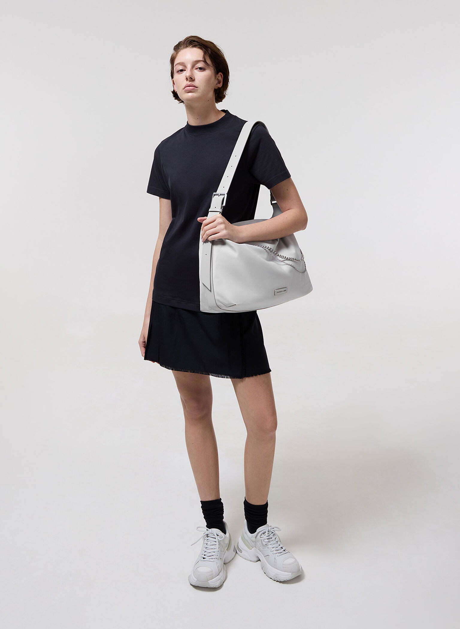 Nylon Chain-Link Slouchy Shoulder Bag, Light Grey, hi-res